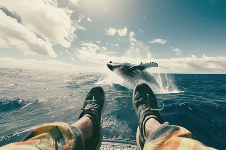 Person feet sitting on a boat overlooking a humpback whale breachingの素材