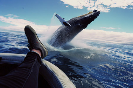 Person feet sitting on a boat overlooking a humpback whale breachingの素材