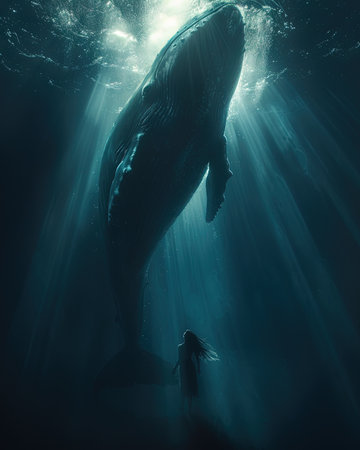 A mermaid and whale illustration underwaterの素材