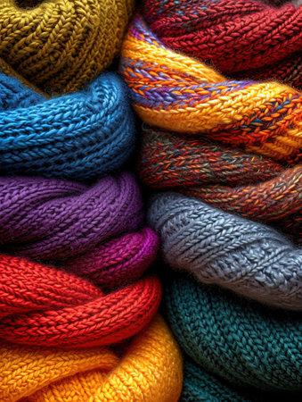 Some knit closeup image of several colors of colorful clothesの素材
