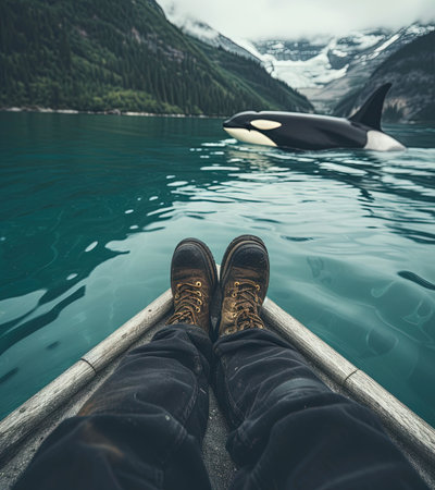 Person feet sitting on a boat overlooking an orca breachingの素材