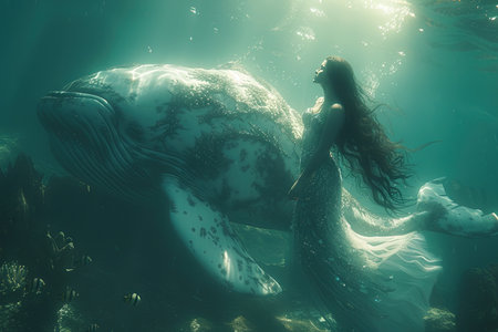 A mermaid and whale illustration underwaterの素材