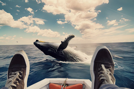 Person feet sitting on a boat overlooking a humpback whale breachingの素材