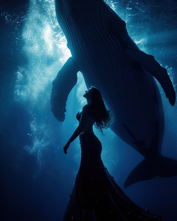 A mermaid and whale illustration underwaterの素材