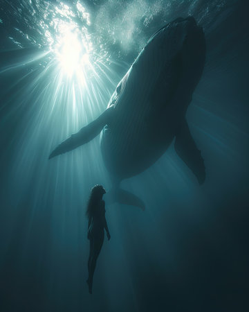 A mermaid and whale illustration underwaterの素材