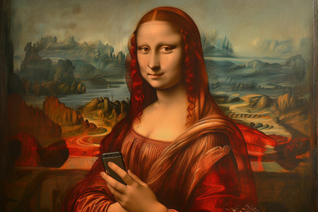 Mona Lisa Taking a Smartphone Famous Renascence diva muse being narcissistic and vain in the modern era painting.の素材