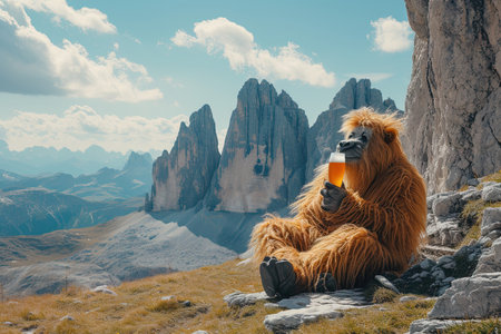 A Bigfoot Yeti drinking a grog on top of dolomites mountainsの素材