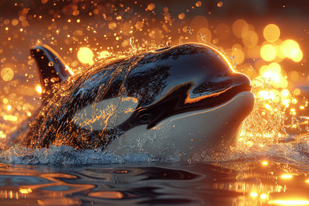 Orca killer whale splashing into the water and seeing a rainbowの素材