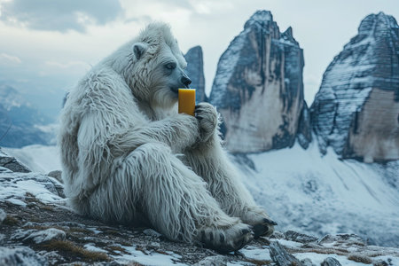 A Bigfoot Yeti drinking a grog on top of dolomites mountainsの素材