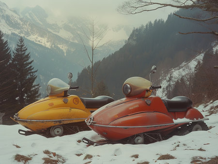 two Vintage snowmobile winter vehicle on mountain background.の素材