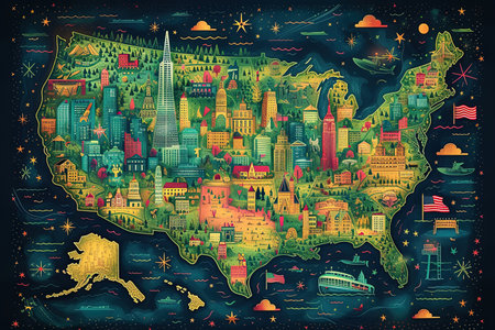 A Colorful map of the us and the landmarks surrounding it, san francisco, new york, music, american football, barbecue, driving, empire state building, star and stripes flag, illustrationの素材