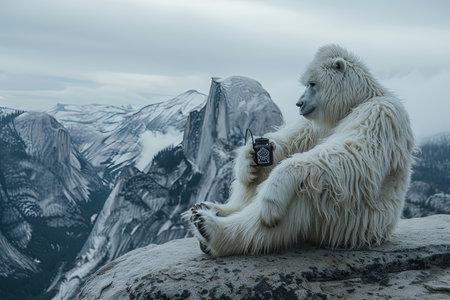 A Bigfoot Yeti drinking a grog on top of dolomites mountainsの素材