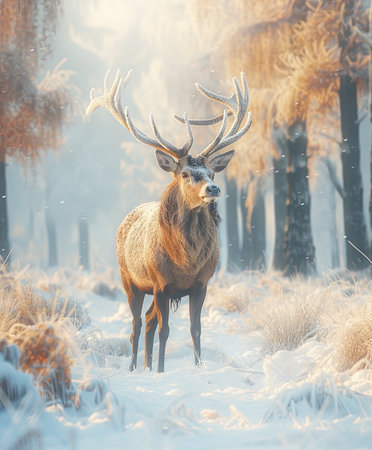 A deer in the misty forest at sunset in winter season illustrationの素材