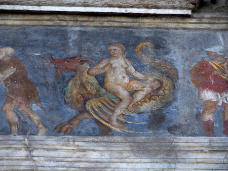 The Facade of the Cazuffi Rella house in Duomo square, Trento, Italyの写真素材