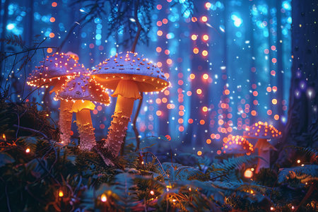 Enchanted forest rave where woodland creatures throw a funky dance party under the glow of magical mushrooms and sparkling fairy lightsの素材
