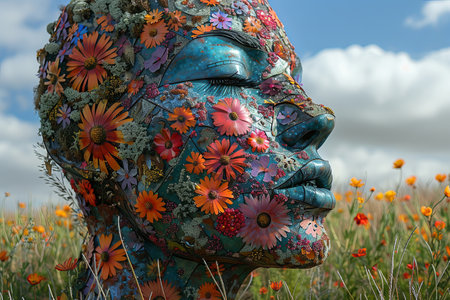 Zephyr Zephyrus god of winds blowing spring whispering on colorful vivid colors flowers fieldの素材