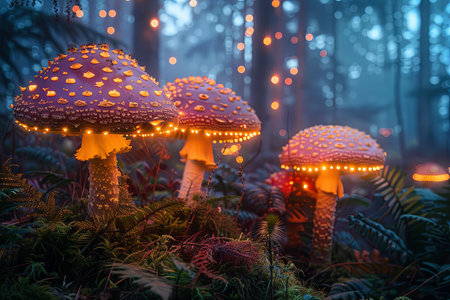 Enchanted forest rave where woodland creatures throw a funky dance party under the glow of magical mushrooms and sparkling fairy lightsの素材