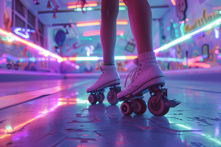 vintage roller skating rink with neon lights, roller disco dancers, and retro roller skates illustrationの素材