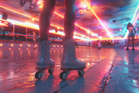 vintage roller skating rink with neon lights, roller disco dancers, and retro roller skates illustrationの素材