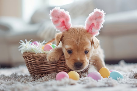 A curious puppy discovering an Easter basket filled with colorful eggs, wearing a pair of bunny slippers and bunny earsの素材