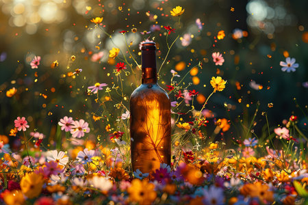 The spring inside a bottle exploding spreading vivid colors flowersの素材