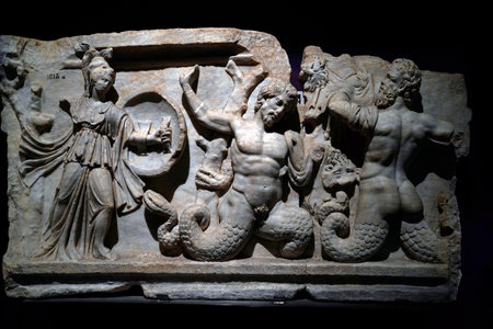 ISTANBUL, TURKEY - JANUARY 7 2024 - Istanbul Archaeological Museum. Gigantomachy bas relief war between gods and giantsのeditorial素材