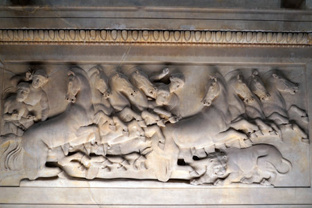 ISTANBUL, TURKEY - JANUARY 7 2024 - Istanbul Archaeological Museum. Alexander marble painted Sarcophagusのeditorial素材