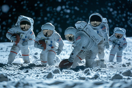 Group of Astronauts in space suit playing american football on the moonの素材