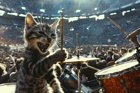 A cat rock band performing a sold-out concert in a stadium packed with adoring fans, with the lead singer belting out meow-sical hits and the drummer keeping the beatの素材