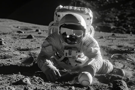 Astronaut in space suit playing baseball on the moon.の素材