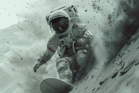 Astronaut in space suit surfing on the moon.の素材