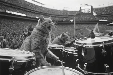 A cat rock band performing a sold-out concert in a stadium packed with adoring fans, with the lead singer belting out meow-sical hits and the drummer keeping the beatの素材