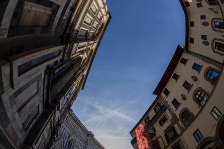 A fisheye unusual view Cathedral Santa Maria dei Fiori, Brunelleschi Dome and Giotto Tower in...