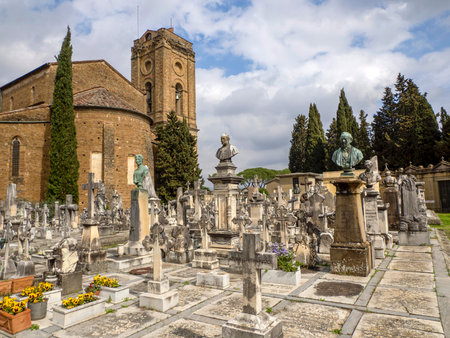 FLORENCE, ITALY - MARCH 23 2024: The monumental Cemetery of the "Porte Sante" next to the Basilica of San Miniato al Monte (St. Minias on the Mountain), in Florence, Tuscany, Italyのeditorial素材