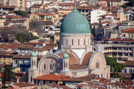 Synagogue Aerial view cityscape from giotto tower detail near Cathedral Santa Maria dei Fiori,...