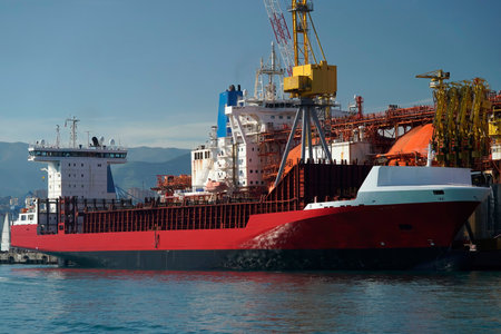 A regasifier ship LNG Liquified Natural Gas tanker anchored in Genoa Harbor, Italy