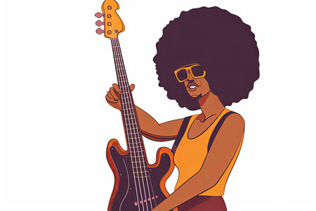 A Funky bass player afro ball hair, illustration retro 70s style, simple vector isolated on white backgroundのイラスト素材