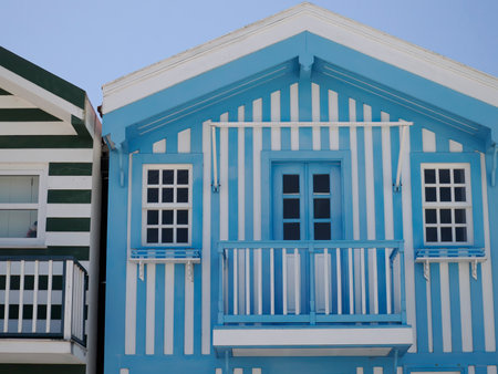 Striped Painted houses in Beach Praia Costa Nova do Prado in Aveiro, Portugalの写真素材