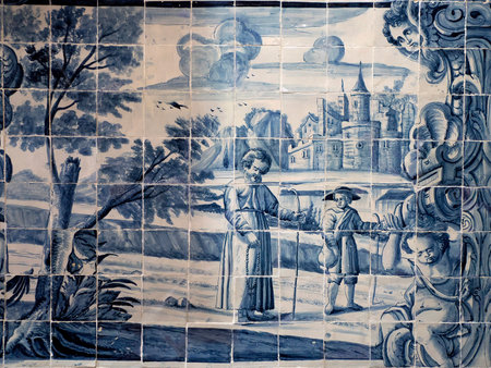 AVEIRO, PORTUGAL - APRIL 25 2024 Church of the Carmelites convent of saint John the evangelist 17th century national portuguese monument azulejos traditional blue ceramic tiles painting detailのeditorial素材