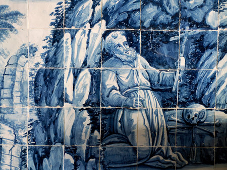 AVEIRO, PORTUGAL - APRIL 25 2024 Church of the Carmelites convent of saint John the evangelist 17th century national portuguese monument azulejos traditional blue ceramic tiles painting detailのeditorial素材