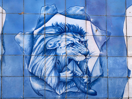 blue ceramic tiles on Old town building in Aveiro pictoresque village street view, The Venice Of Portugal travel tourism landmarkの写真素材