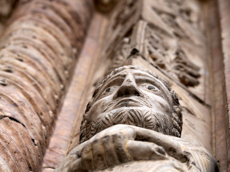 Verona dome cathedral church exterior sculptures detail Romanesque sculpture attributed to workshop of Veronese sculptor Briolotoの写真素材
