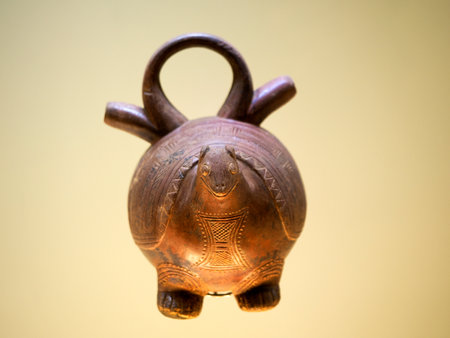 BOGOTA, COLOMBIA - JULY 3, 2024: Superb ceramic pottery on display in the Museo del Oro (Gold Museum). Isolated on backgroundのeditorial素材
