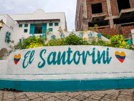 doradal colombian santorini pictoresque village white and blue house greek greece style in Colombiaの写真素材