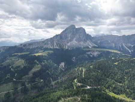 The Sass de Putia Aerial view of the Dolomites mountain landscape in Trentino, South Tyrol in Northern Italy.の写真素材