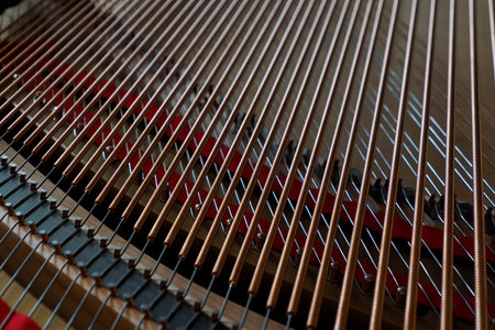 Inside acoustic grand piano strings detail close up