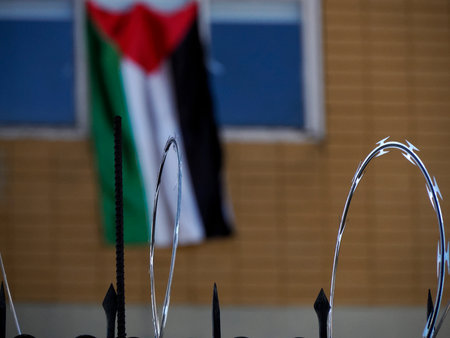 detail of palestine flag hanged on a window behind barbed wiresの写真素材