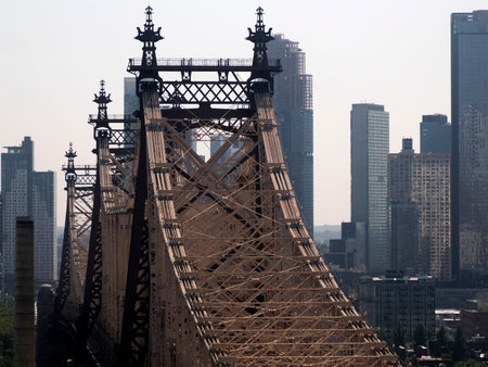 The Ed Koch Queensboro Bridge connecting new york city manhattan to Roosevelt island and Queens aerial view from cable carの写真素材