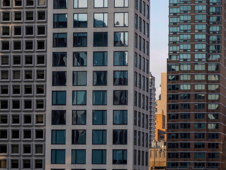 top midtown new york manhattan skyscrapers building aerial view at sunsetの写真素材