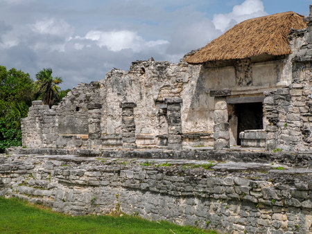 The Temple of descending god in Tulum maya historical archaeological site ruins yucatan mexicoの写真素材